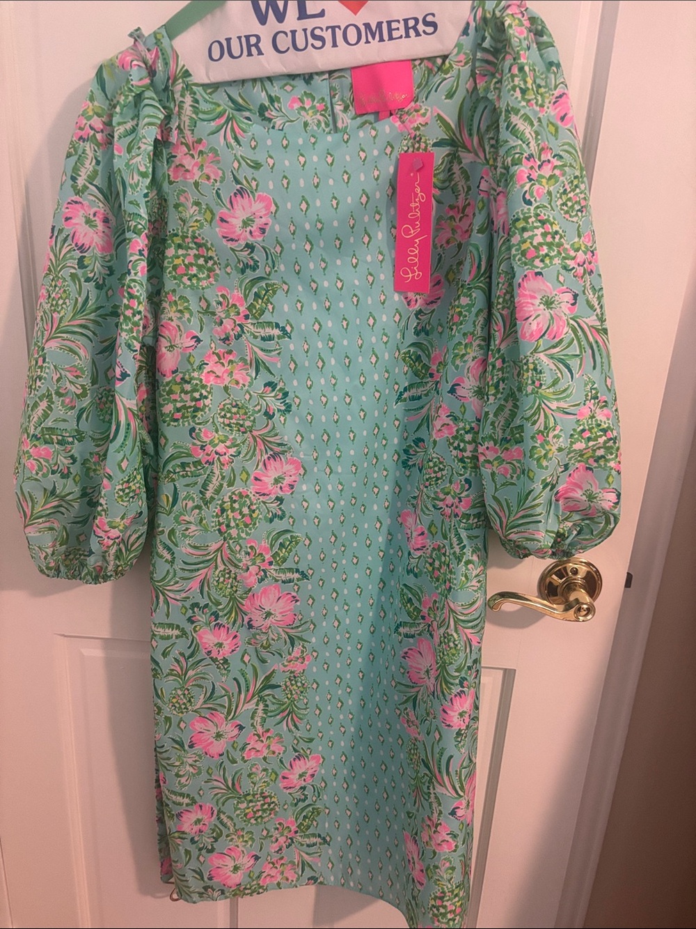 Lilly Pulitzer Mint Green Floral Midi Shift Dress with Pink Blooms